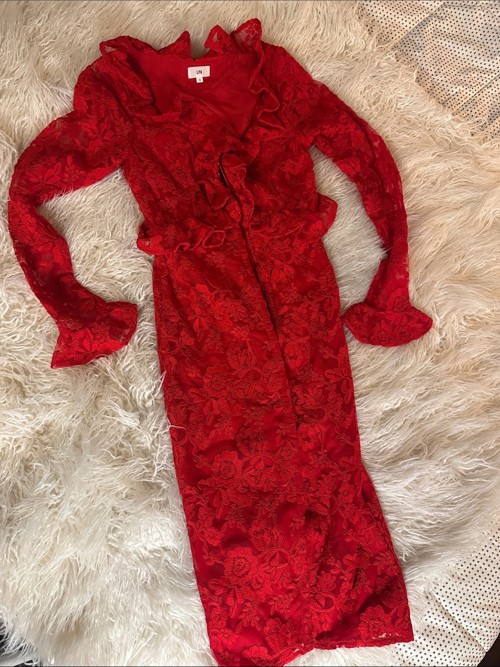 LPA Red Lace Ruffle-Trim Long Sleeve clasp midi Dress